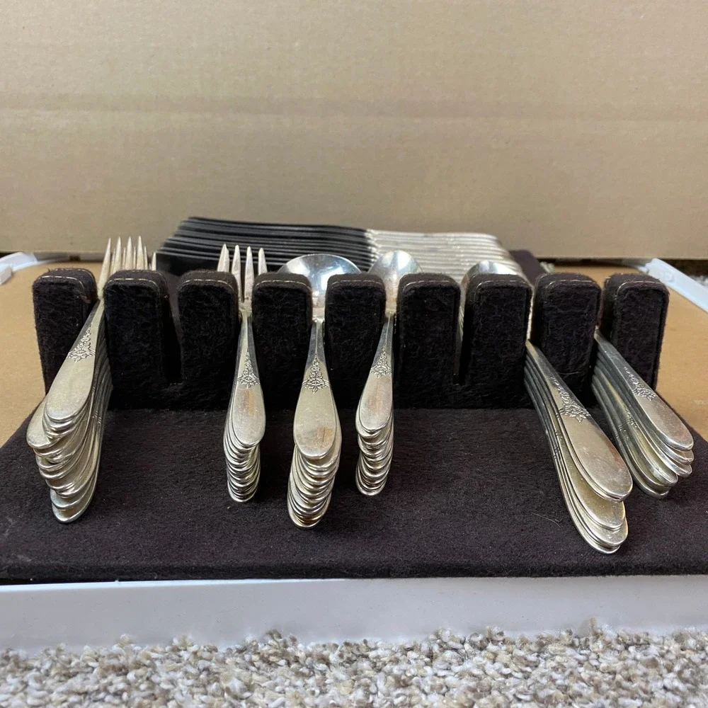 VTG 1941 Tudor Fantasy Silverware Set 58pc Service for 12 Floral Silverplate